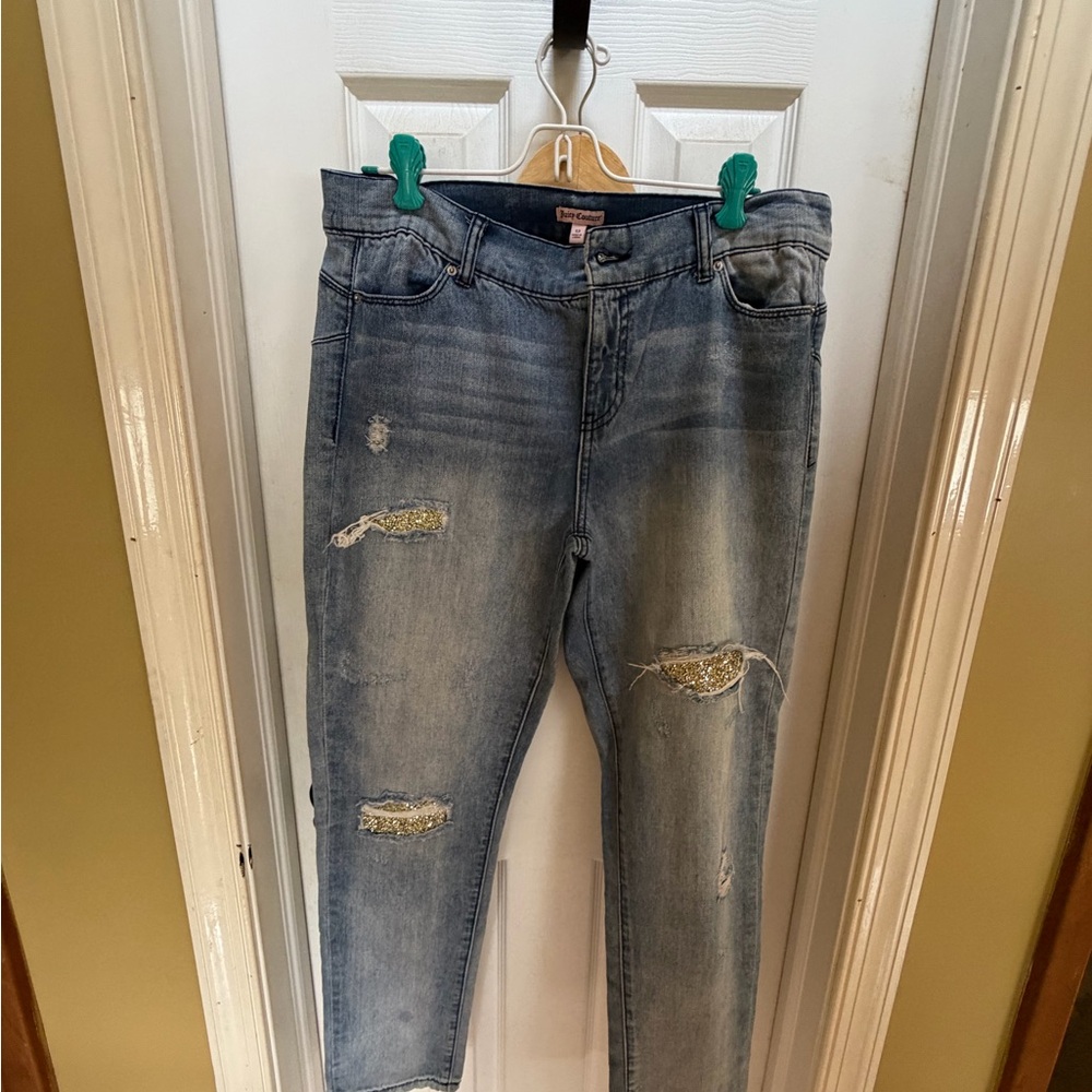 Juicy Couture Light Blue Distressed Skinny Jeans with Silver Patch Accents